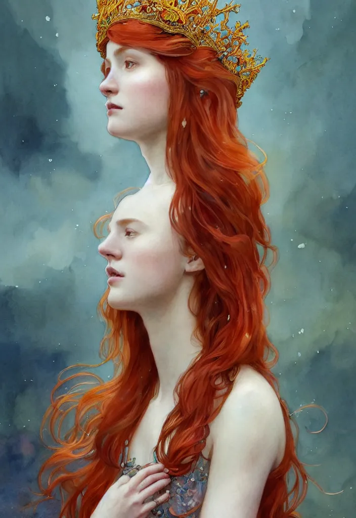 Image similar to beautiful watercolor painting of a young red hair woman wearing a crown of long golden fish, intricate, elegant, highly detailed, digital painting, artstation, concept art, smooth, sharp focus, art by krenz cushart and artem demura and alphonse mucha, dynamic lighting, full body shot, ultrarealistic, cinematic, octane render, 8 k