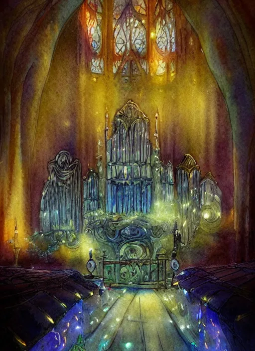 Image similar to pipe organ with fairy lights, light ground fog, detailed fantasy watercolor comic style, subtle colors, by tony sart