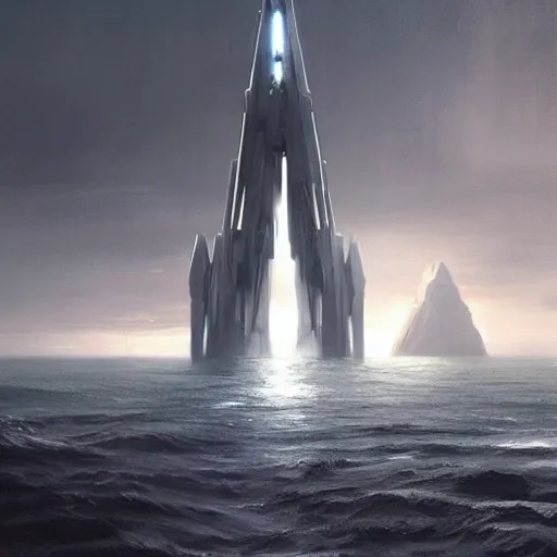 Image similar to star wars concept art by greg rutkowski, a palatial and imposing grey tall triangular pyramid tech tower emerging from the sea in the middle of a ocean landscape, enigmatic atmosphere, beautiful and cinematic lighting, artstation hq.