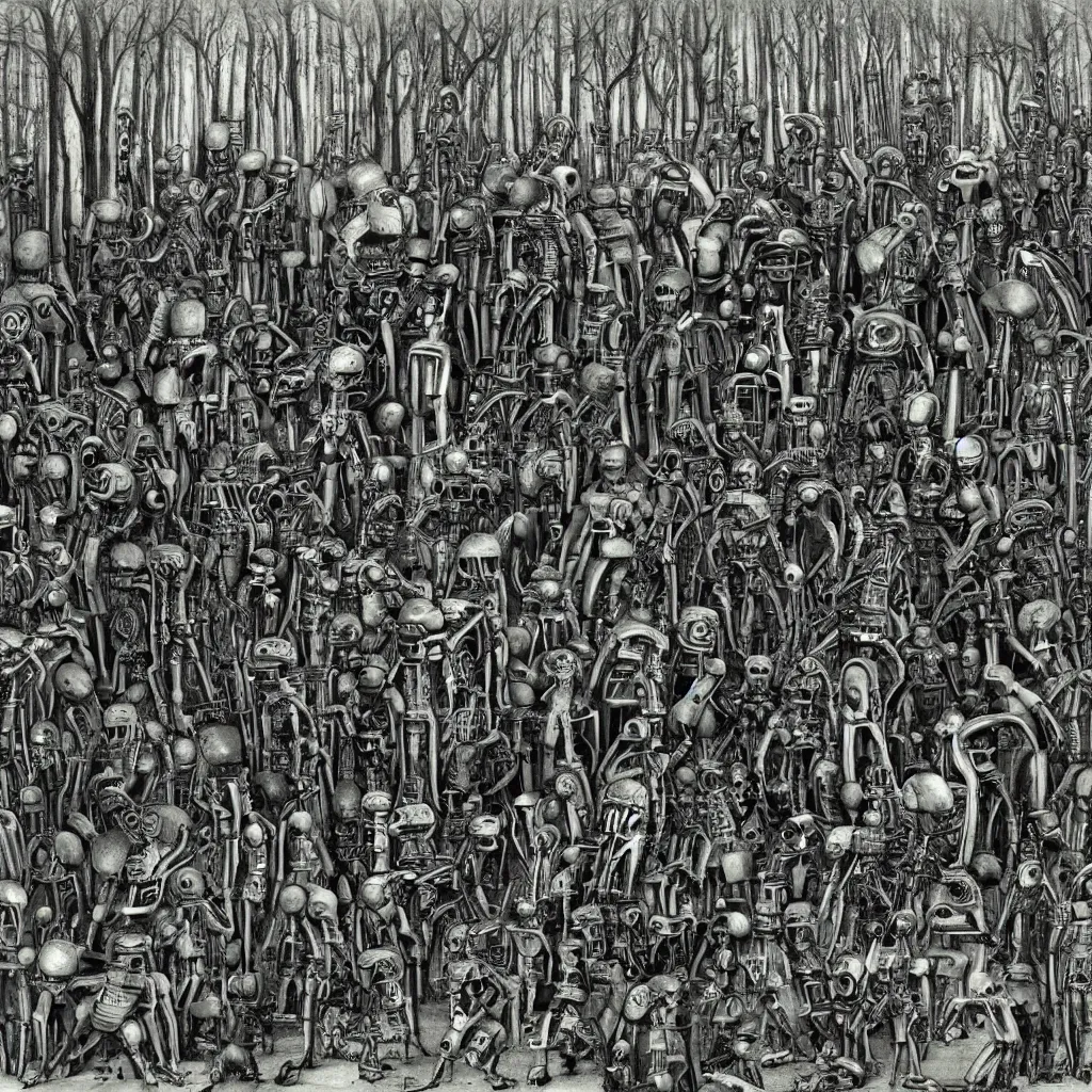 Image similar to 10000 robots fighting in forest H.R. Giger