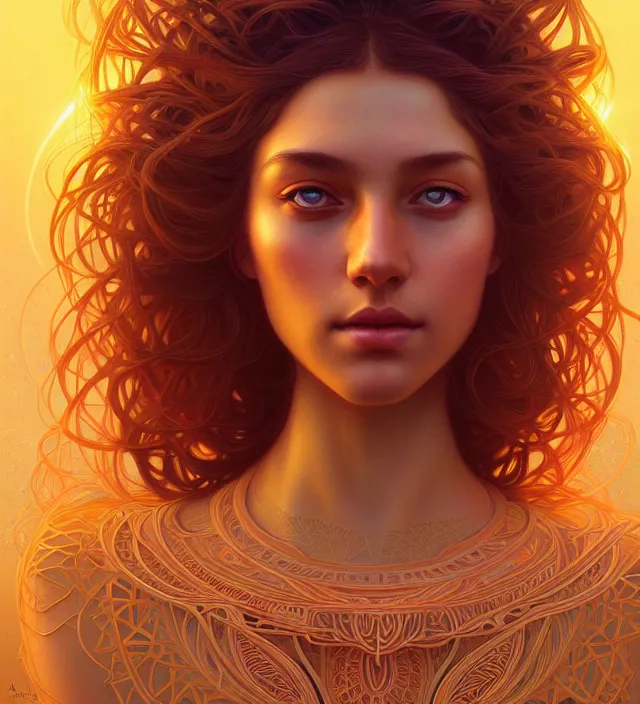 Image similar to symmetry!! portrait of hippie girl, glowing skin mandala!! serene, intricate, elegant, highly detailed, digital painting, artstation, concept art, smooth, sharp focus, illustration, art by artgerm and greg rutkowski and alphonse mucha, 8 k