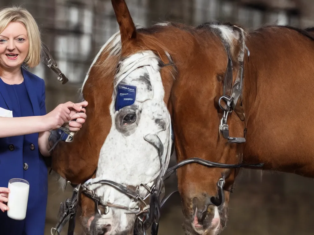 Image similar to liz truss drinking milk from the mouth of a horse