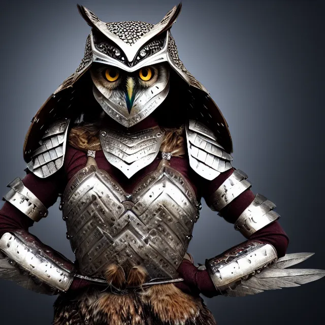 Prompt: full body photo of a beautiful cute strong warrior queen wearing owl armour, highly detailed, 8 k, hdr, smooth, sharp focus, high resolution, award - winning photo