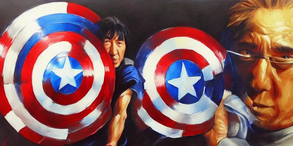 Image similar to jackie chan holds captain america's shield ， oil painting