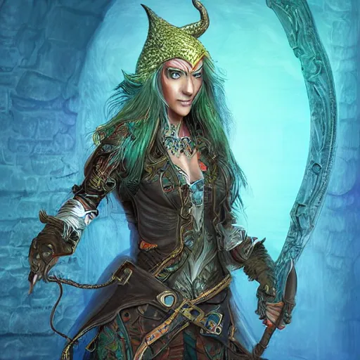 Prompt: portrait of a female elven pirate, character design, concept art, digital illustration, ray tracing, fantasy, neon lighting, intricate and highly detailed, coloured with lots of colour, pose, fantasy, sharp focus,