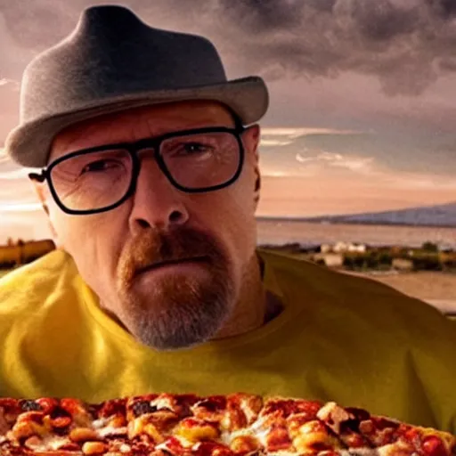 Prompt: low quality photo of heisenberg eating pizza in the sky