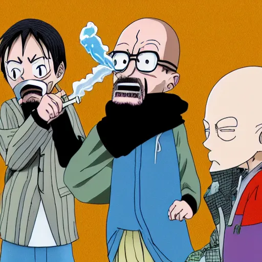 Image similar to walter white smoking a joint with jesse pinkman, in One Piece Anime Series, 4k Resolution.