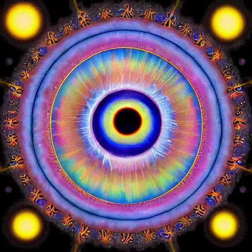 Image similar to painting of an eye surrounded by dmt visuals with angels in the background 4 k quality super realistic