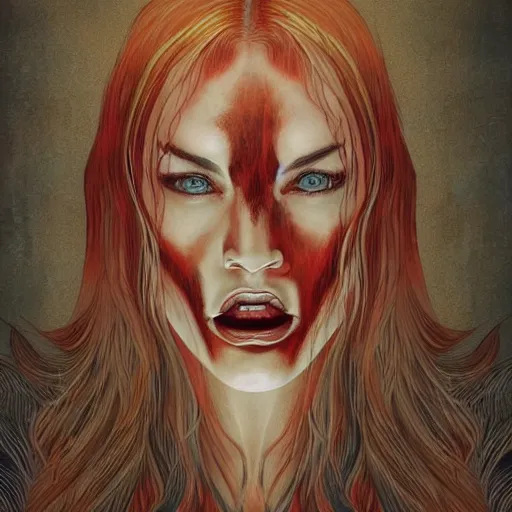 Image similar to a portrait of megan fox like demon, animalistic features in the style of zdzisław beksinski in the style of junji ito trending on artstation deviantart pinterest furaffinity detailed realistic hd 8 k high resolution