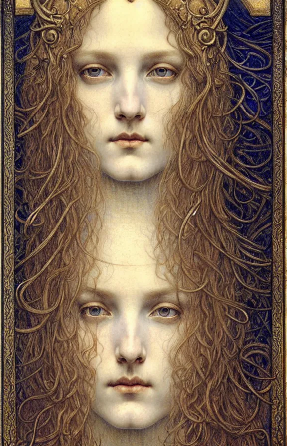 Image similar to detailed realistic beautiful young medieval queen face portrait by jean delville, gustave dore and marco mazzoni, art nouveau, symbolist, visionary, gothic, pre - raphaelite. horizontal symmetry