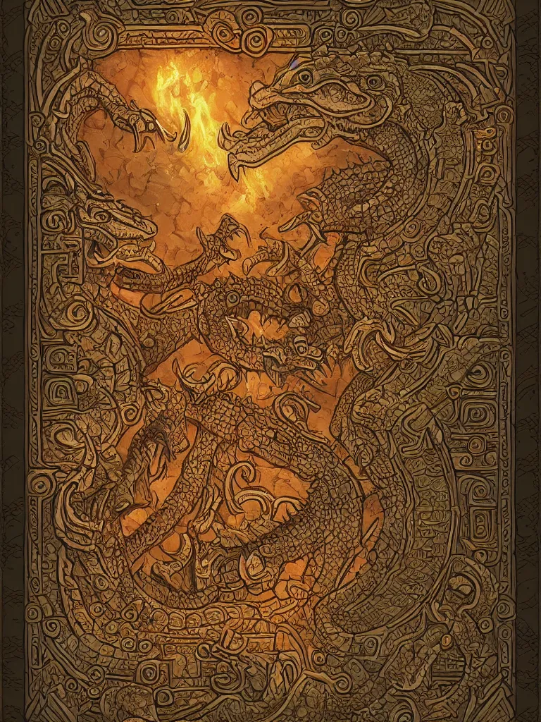 Image similar to mayan book decorative border frame, crocodile illuminations, d & d, fantasy, intricate, elegant, highly detailed, digital painting, artstation, illustration, hearthstone