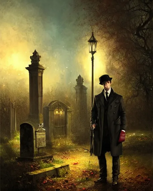 Image similar to sherlock holmes standing in a graveyard, night, detailed, hd, dramatic lighting, by tom bagshaw, by fintan magee, by raymond swanland, by sherree valentine daines