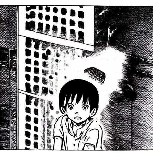 Image similar to close-up scene neighbor drilling grid holes in a room, manga, black and white manga horror in style of junji ito, kentaro miura