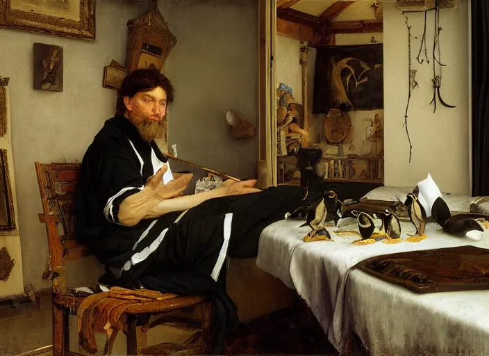 Prompt: an exhausted painter in his studio painting a picture of a penguin, by edgar maxence and caravaggio and michael whelan and delacroix style, artistic, intricate drawing, cinematic lighting, hyper realistic, extremely detailed, establishing shot, 8 k resolution, dramatic lighting