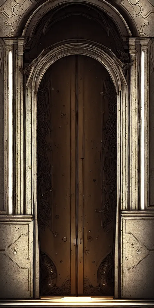 Prompt: hyper realistic ornate sci - fi double door by jordan grimmer