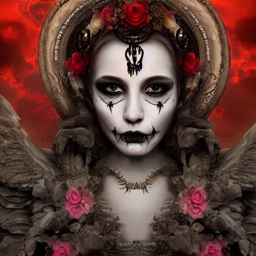 Prompt: a beautiful detailed 3d matte painting of female goddess of the dead, ominous, magical realism, texture, erotic, tempting, beautiful face, intricate, ornate, royally decorated, skull, skeleton, whirling smoke, embers, red adornements, 8k