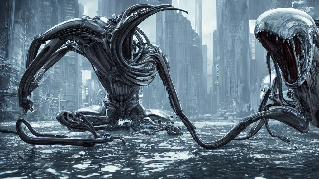 Image similar to 3D render of an single transparent xenomorph in a gigantic city ruined underwater environment, omnious , elegant, reflections, focus, detailed, realistic eyes, horizontal partial symmetry features proportions, intricate facial skin details, award winning, trending in cgsociety artstation deviant art, octane render