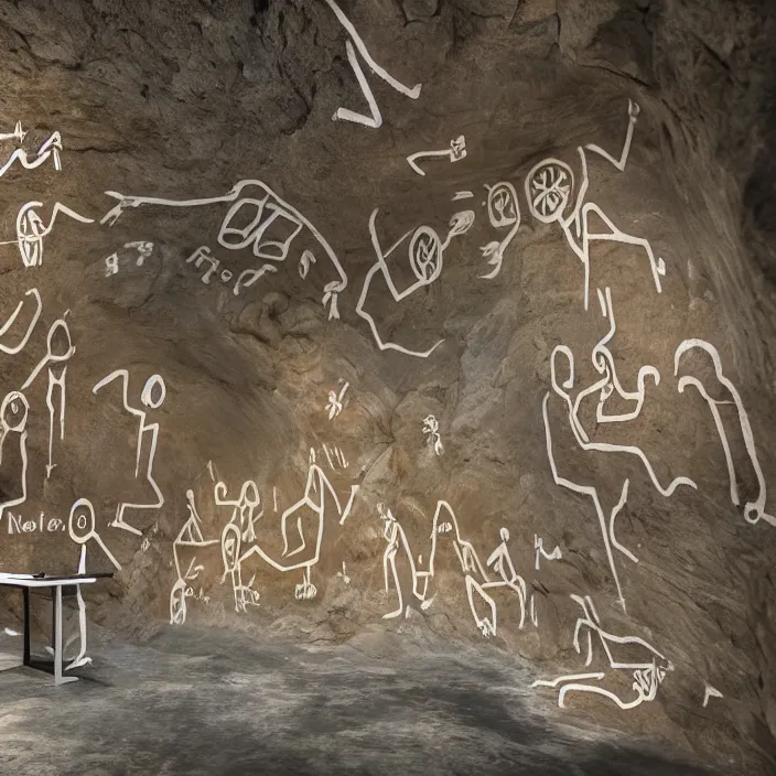 Prompt: hyperrealistic photo of a coworking space in a cave with cave drawings on it, hd