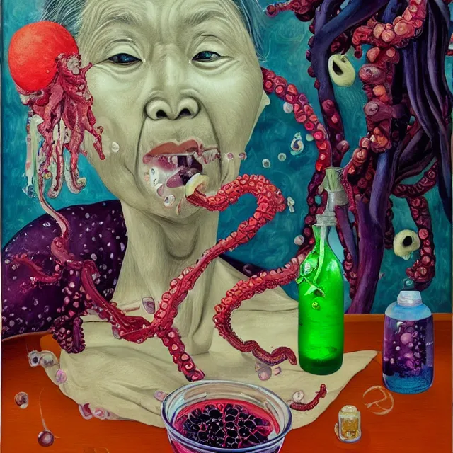 Prompt: portrait of a japanese old lady, sensual, plum blossom, squashed berries dripping, octopus, scientific glassware, dripping fruit, houseplant, oxygen tank, candlelight, neo - impressionist, surrealism, acrylic and spray paint and oilstick on canvas