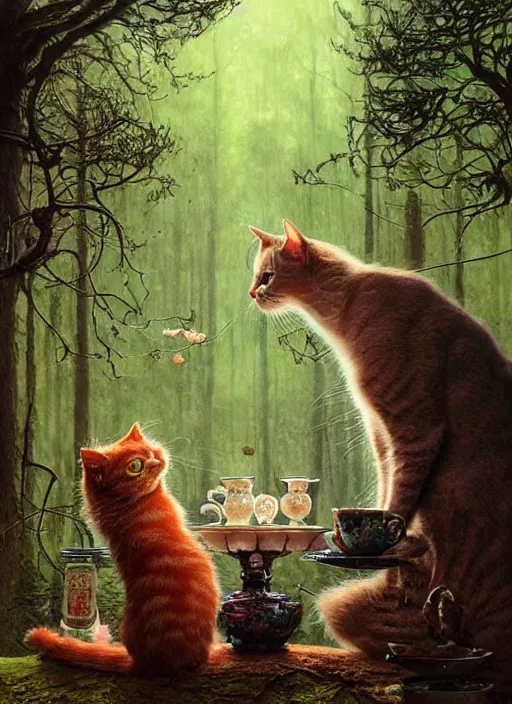 Image similar to cat having tea at a shrine in the woods gorgeous lighting, lush forest foliage a hyper realistic painting by chiara bautista and beksinski and norman rockwell and greg rutkowski weta studio, and lucasfilm