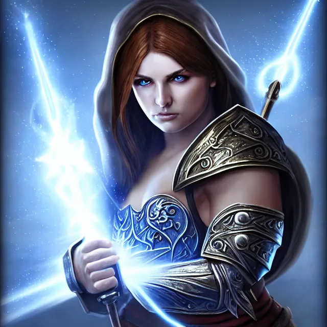 Image similar to cleric warrior with light powers, 4 k, hdr, smooth, sharp focus, high resolution, award - winning photo, anne stokes, photorealistic