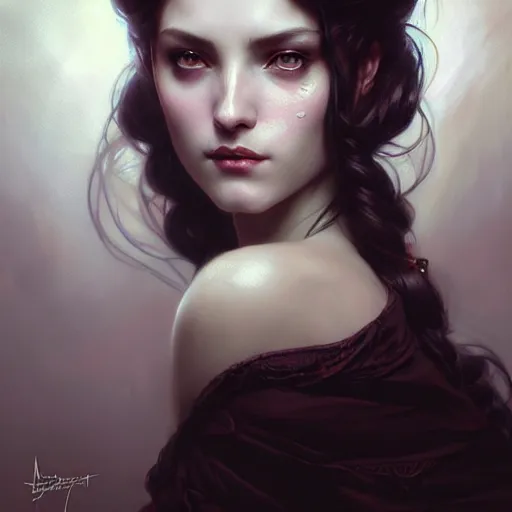 Image similar to portrait painting of an extremely fancy girl with a devious expression, gaslamp fantasy, victorian, ultra realistic, concept art, intricate details, eerie, highly detailed, photorealistic, octane render, 8 k, unreal engine. art by artgerm and greg rutkowski and charlie bowater and magali villeneuve and alphonse mucha