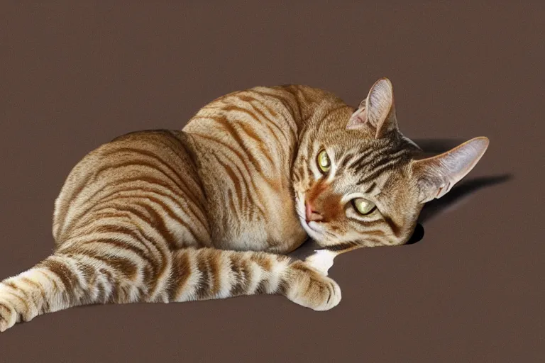 Prompt: A fat tabby cat laying on his back longways, back feet in foreground, head blurred in background, digital art