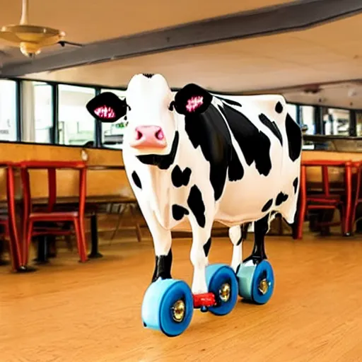 Image similar to simple cow on roller skates in diner