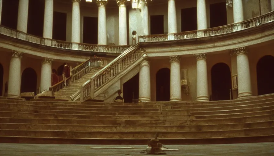 Image similar to movie still by tarkovsky of caligula knifed to death by senators on huge stairs, cinestill 8 0 0 t 3 5 mm, high quality, heavy grain, high detail, dramatic light, ultra wide lens, anamorphic