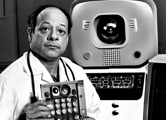 Image similar to film still of young old Cheech Marin with HAL 9000 computer in the background as Dr. Dave Bowman in 2001 A Space Odyssey