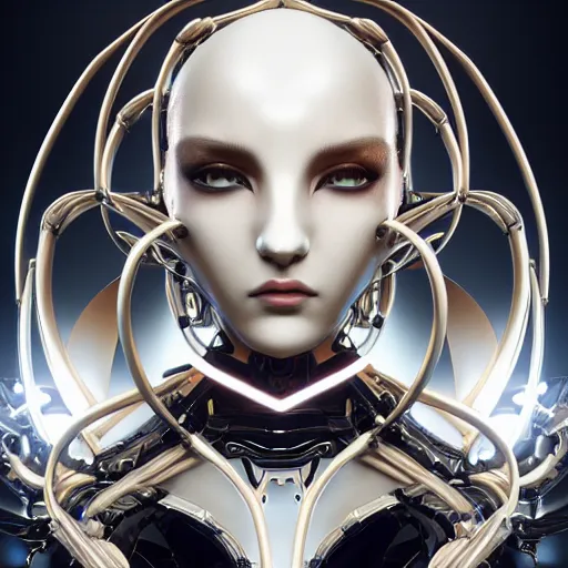 Image similar to symmetrical feminine cyborg goddess rendered in Cinema 4D and Octane and Unreal Engine 5, elegant cybernetic body and ornate futuristic outfit, glowing white neon eyes, platinum and obsidian flowing long hair, art by Artgerm, Beeple and Alphonse Mucha, hyperrealism, full body photogenic shot, digital render, cinematic lighting ornate earrings, 8k resolution, masterpiece work