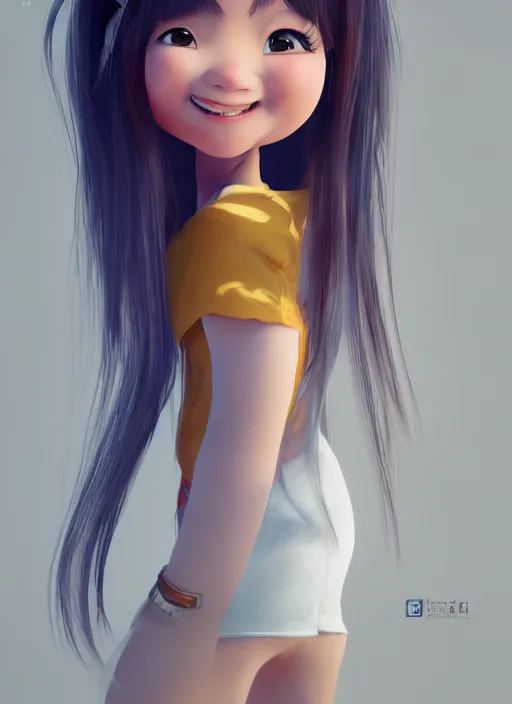 Prompt: a cute asian girl smiling, flowing hair in the style of pixar animation, full body shot, viewed from bellow, award winning, hyper detailed, studio lighting, artstation, octane renderer, unreal engine