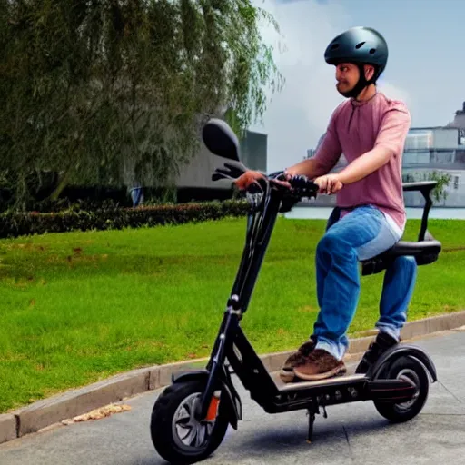 Image similar to Seagull perched on the head of a man riding an electric scooter