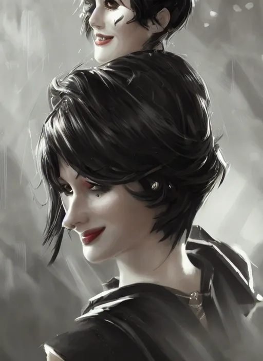 Image similar to a highly detailed illustration of beautiful short black messy haired woman wearing single eyepatch and noir style suit and tie, dramatic smiling pose, intricate, elegant, highly detailed, centered, digital painting, artstation, concept art, smooth, sharp focus, league of legends concept art, WLOP