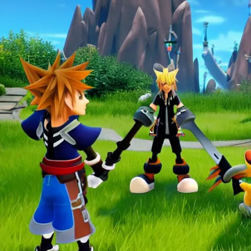 Image similar to A leaked image of a Warrior cats world in Kingdom Hearts 4, Kingdom hearts worlds, Sora donald and Goofy exploring the world of Warrior cats, action rpg Video game, Sora wielding a keyblade, Sora as a cat, cartoony shaders, rtx on, Erin hunter, Warrior cats book series