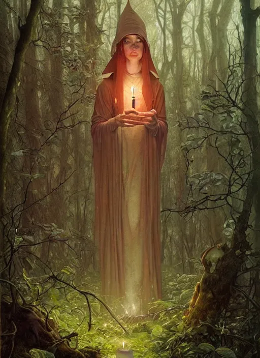 Image similar to a hyper realistic witch shrine, candles, in the woods, distant explosions, gorgeous lighting, lush forest foliage, painting by chiara bautista and tom bagshaw, mucha, beksinski and norman rockwell and greg rutkowski weta studio, and lucasfilm