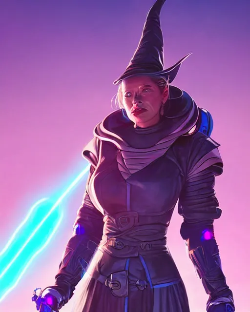 Image similar to A witch wielding a futuristic power staff, digital apex legends illustration portrait, gorgeous lighting, wide angle action dynamic portrait, perspective shot, art by Nick Sullo, Pink and blue palette,