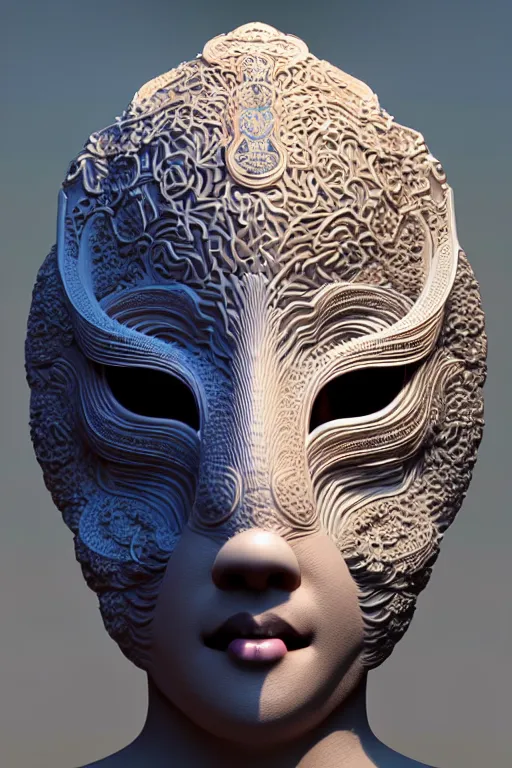 Image similar to 3 d goddess close - up profile portrait. beautiful intricate highly detailed korean gumiho mask and traditional korean hanbok. stingray, magpie, bio luminescent, plasma, lava, ice, water, wind, creature, artwork by tooth wu and wlop and beeple and greg rutkowski, octane 3 d render