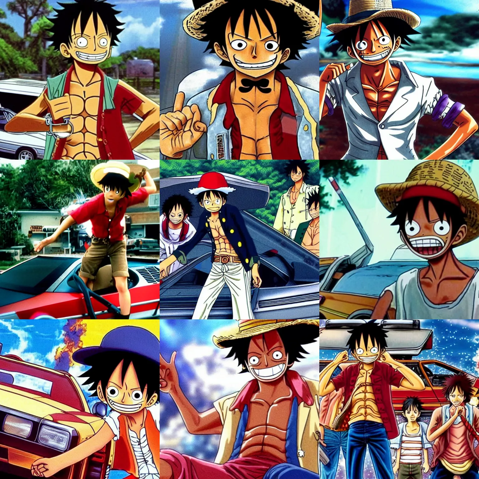 Prompt: still of Luffy from One Piece driving the DeLorean time machine in the Back to the Future movie