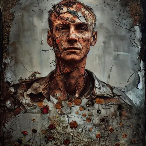 Prompt: a painting of a very ordinary person, by Anselm Kiefer, mixed media, rusted metal, flowers, anatomically correct, beautiful perfect face, sharp focus, Highly Detailed, Cinematic Lighting, octane render, volumetric lighting, post-production, 8k, HD