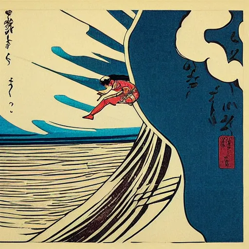 Prompt: girl surfing, woodblock print, style of hokusai, fine art, style of kanagawa, painting