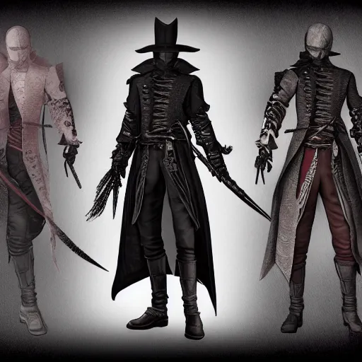 Image similar to Full body profile of Male Victorian Gothic Ninja, hd, intricate, bloodborne, 8k, digital art