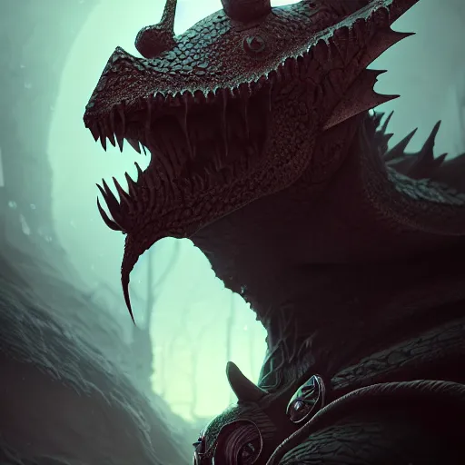 Prompt: a dragon moomin. intricate portrait, occult cyberpunk, ancient futuristic, dark art, occult. by Petros Afshar, by artgerm, by Eddie Mendoza, by Peter mohrbacher, octane render, 3d, unreal engine, depth of field, bokeh, motion blur, ambient occlusion, subsurface scattering