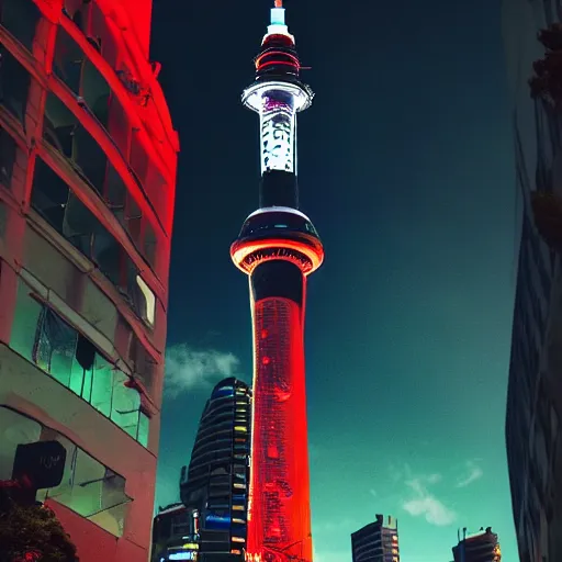 Image similar to auckland city and sky tower furturistic beacon, dynamic lighting, cinematic composition, upside down stranger things, cyberpunk, evil, artstation, octane render