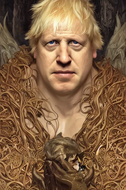 Image similar to portrait of boris johnson as a very pale hulking herculean demon, forest, godlike, full body, fantasy, intricate, elegant, highly detailed, digital painting, artstation, concept art, sharp focus, illustration, art by artgerm and greg rutkowski and alphonse mucha