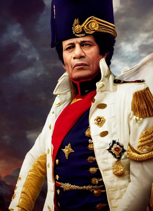 Image similar to muammar kadhafi as emperor napoleon, splash art, movie still, detailed face, cinematic lighting, dramatic, octane render, long lens, shallow depth of field, bokeh, anamorphic lens flare, 8 k, hyper detailed, 3 5 mm film grain