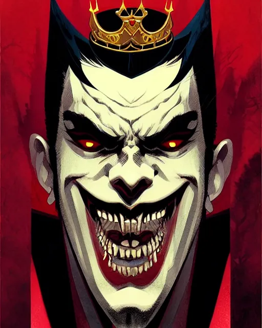 Prompt: handsome vampire king with crown and fangs, symmetrical face, evil, cinematic, dramatic, powerful, super detailed and intricate, by koson ohara, by darwyn cooke, by greg rutkowski, by satoshi kon