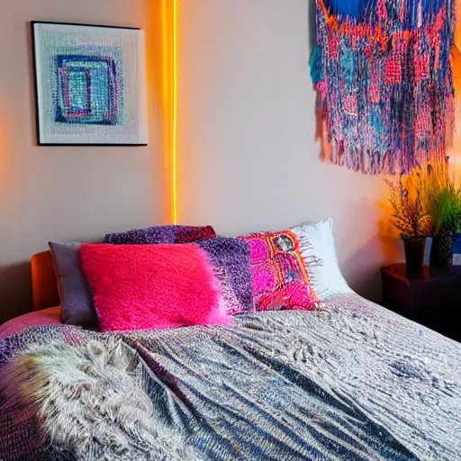 Image similar to hip bedroom of a millennial shot at night, high detail, neon lights, rug under bed, colorful art