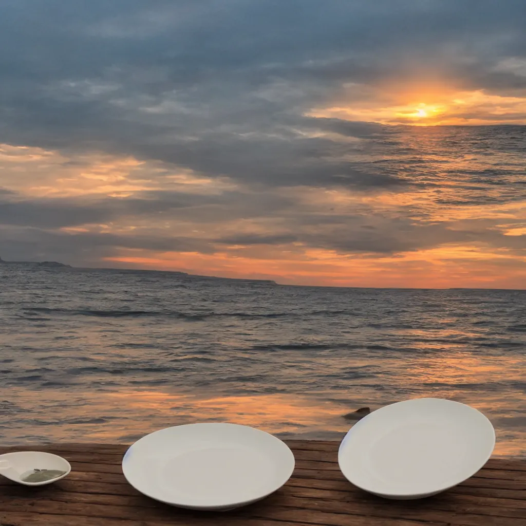 Image similar to professional photo of empty white dish in the middle over a table with a sunset on the beach in the background