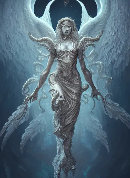 Image similar to a highly detailed illustration of lovecraftian divine angel with hundreds of eyes, horrifying floating looking down pose, intricate, elegant, highly detailed, centered, digital painting, artstation, concept art, smooth, sharp focus, league of legends concept art, wlop.